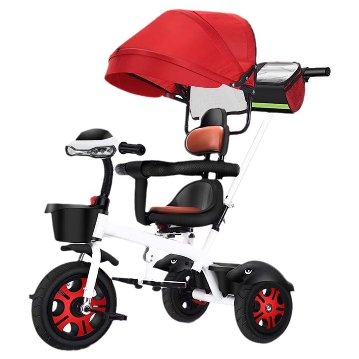 Reversible Seat Toddler Stroller Buggies, Children Pram with Canopy, High Back Guardrail and Belt, Parent Steering Tricycle Handle(White Red,No Headlight)
