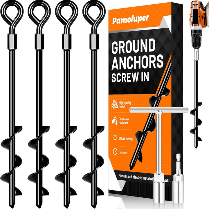 Ground Anchors Screw In, Heavy Duty Tent Stakes Trampoline Anchors 4Pack, Ground Anchors for Camping Tent, Canopies, Carports, Canopy, Sheds, Swing Sets,14In Ground Anchors for High Winds