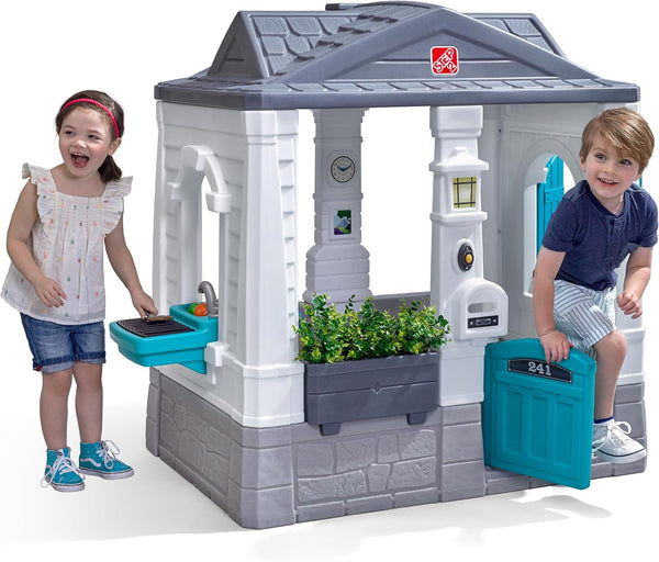 Neat & Tidy Cottage Kids Playhouse, Indoor/Outdoor Playset, Interactive Play with Sounds, Made of Durable Plastic, for Toddlers 1.5+ Years Old, Grey
