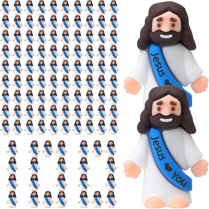 100 Pcs Little Jesus Figures Jesus Loves You Original Design Rubber Pocket Toys Little Figures to Hide and Seek Sunday School Religious Party Share Gifts(Vibrant Color)