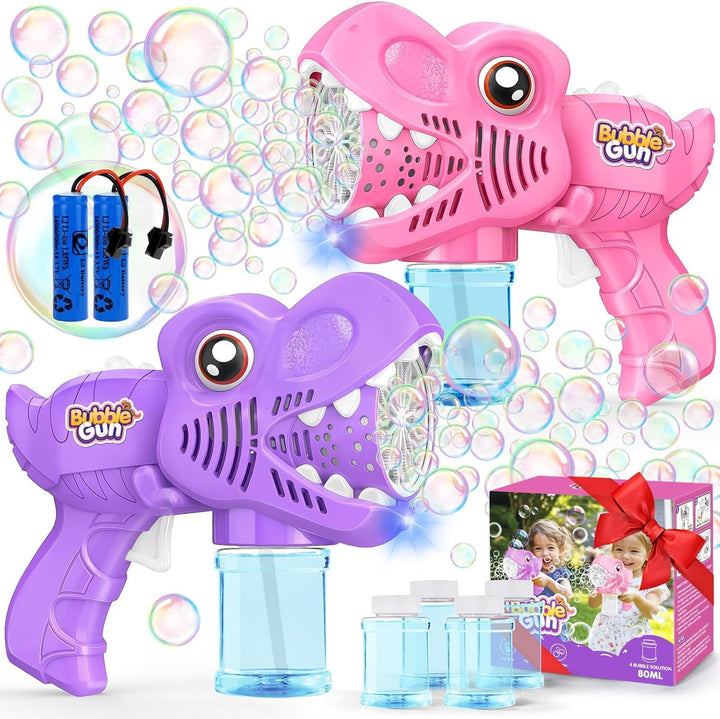 Kids Bubble Gun 2 Pack Dino Bubble Machine Gun for Toddlers with 4 Solutions Automatic 13-Hole Bubbles for Kids Blower Maker Easter Basket Essentials Stocking Stuffers Gift Party Favors for Boys Girls