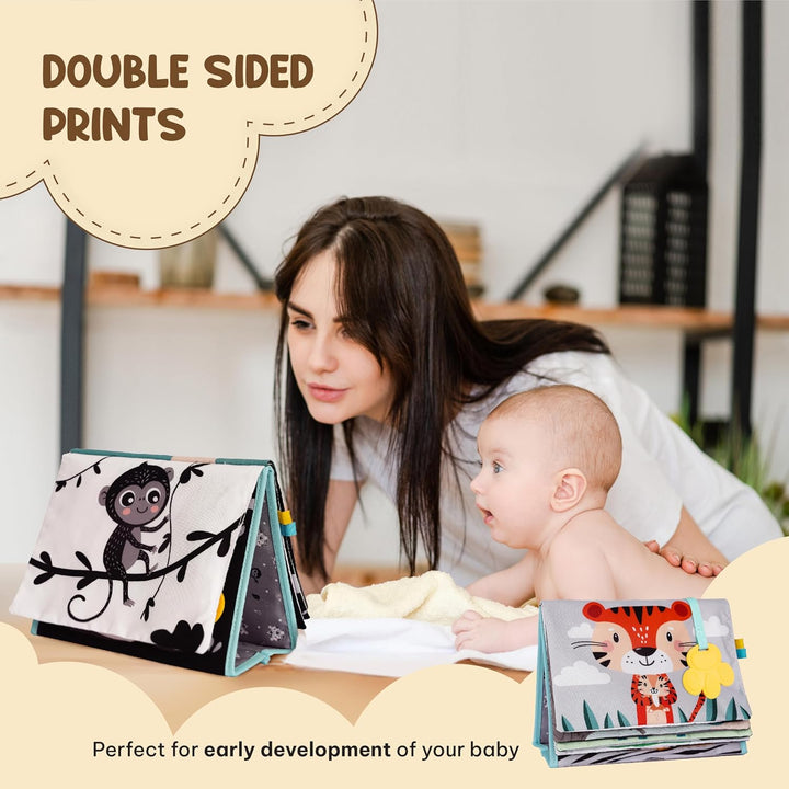 Tummy Time Mirror for Babies - High Contrast Book with Large Stimulating Baby Safe Mirror & Silicone Teether & Crinkle Pages - Perfect Tummy Time Toys for Babies 0 3 6 9 Months