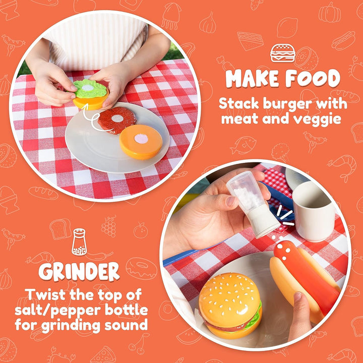 34 PCS Kitchen Toy Set, BBQ Play Grill, Cooking Toy Set, Little Chef Play, Kids Grill Playset Interactive BBQ for Kids with Light & Sound, Birthday Gift for Boys Girls