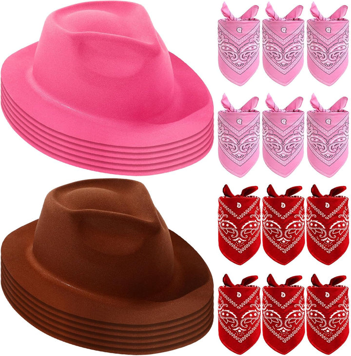 24 Pieces Western Cowboy Hat Set, Felt Cowboy Themed Party Hats with Paisley Bandanas for Kids Costume Party(Brown, Red, Blue)