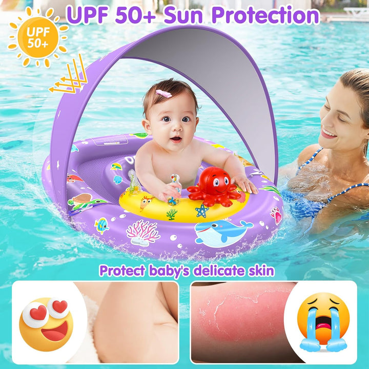Baby Pool Float with Canopy UPF 50+ Sun Protection, Double Air Chambers Infants Swimming Floats with Sound Toys Adjustable Safety Seat Toddler Float for Boys and Girls 6-36 Months