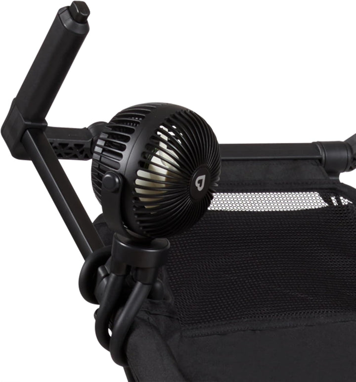 Stroller Fan - Portable Fan for Travel, Baby Gear Accessory with 4 Speeds, Flexible Clip-On Leg Attachment, Rechargeable Battery, Black with Multicolored LED Lights