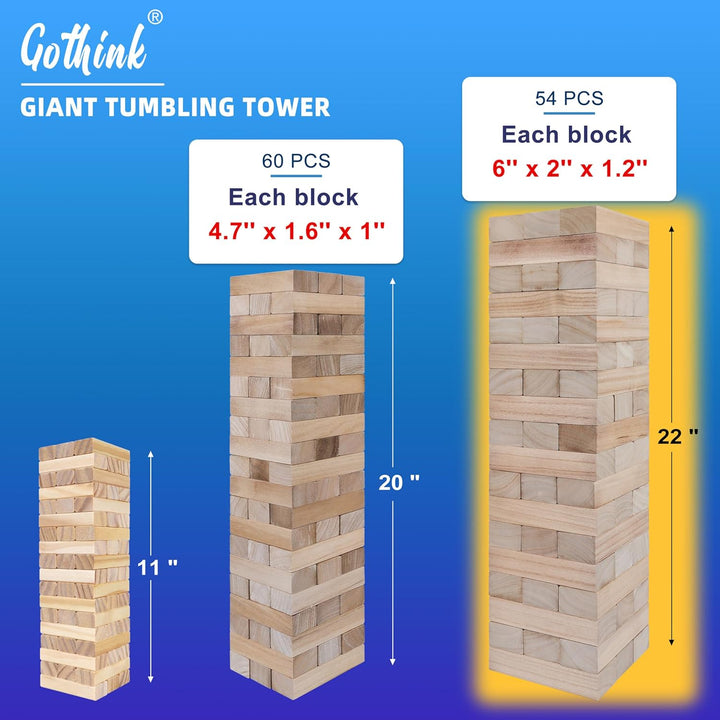 Giant Tumble Tower Game, Large Tumbling Tower Stacking to over 4 FT 54Pcs Wooden Jumbo Blocks for outside Yard Games with Carry Case Timber Stacking Game Night Toy Gift for Kids Adults Family