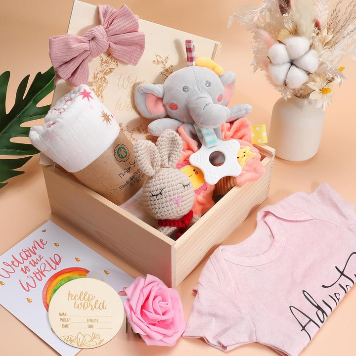 Baby Girl Gifts,Baby Shower Gifts for Girls,New Born Baby Girls Gift,Baby Girl Gift Basket,Unique Baby Gift Essential,Gender Reveal Gifts,Rattle Swaddle Blanket Baby Girl Gifts