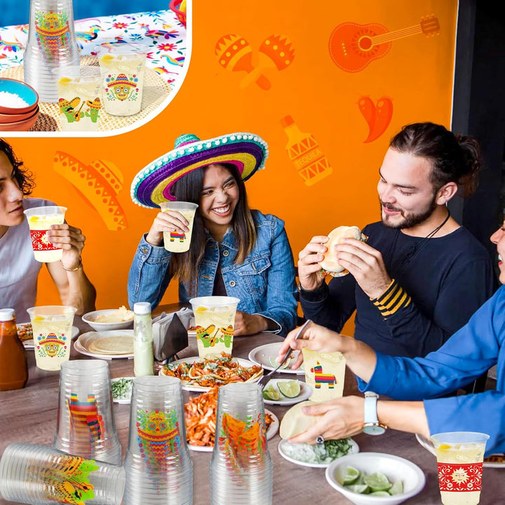 50Pcs Fiesta Cups,12Oz Plastic Disposable Clear Mexican Cups with 5 Pattern Designs for Cinco De Mayo Drinkware Party Supplies Taco Birthday Party Decorations