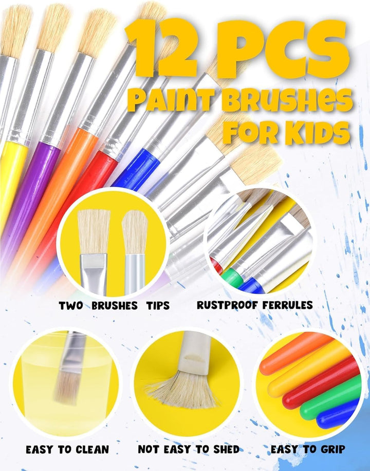 Kids Paint Brushes, 12 Pcs Round/Flat Large, Easy to Clean & Grip Washable No Shed Hog Bristle for Watercolor, Acrylic, Gouache