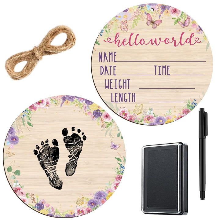 Baby Announcement Wooden Name Sign for Hospital Birth Double Sided Newborn Welcome Sign with Marker Pen and Ink Pad for Baby Shower Hand Footprints(Jungle)