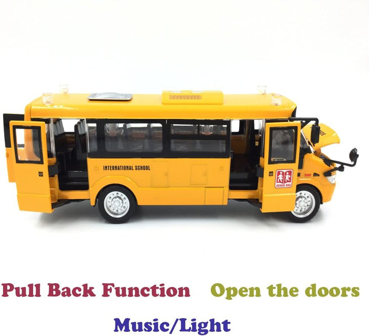 9" Pull Back School Bus,Light up & Sounds Die-Cast Metal Toy Vehicles with Bright Yellow and Openable Doors