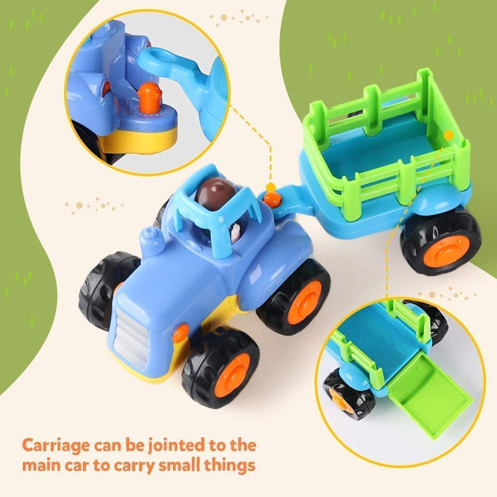 4 Pack Friction Powered Cars Construction Vehicles Toy Set Cartoon Push and Go Car Tractor, Bulldozer, Cement Mixer Truck, Dumper for Year Old Boy Girl Kid Gift