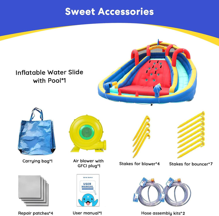 Inflatable Water Double Slides Park, Bounce House with Splash Pool, Large Blow up Water Slide for Kids with Climbing Wall, Durable Design Backyard Play Park, Quick Setup (Dry/Wet Use)