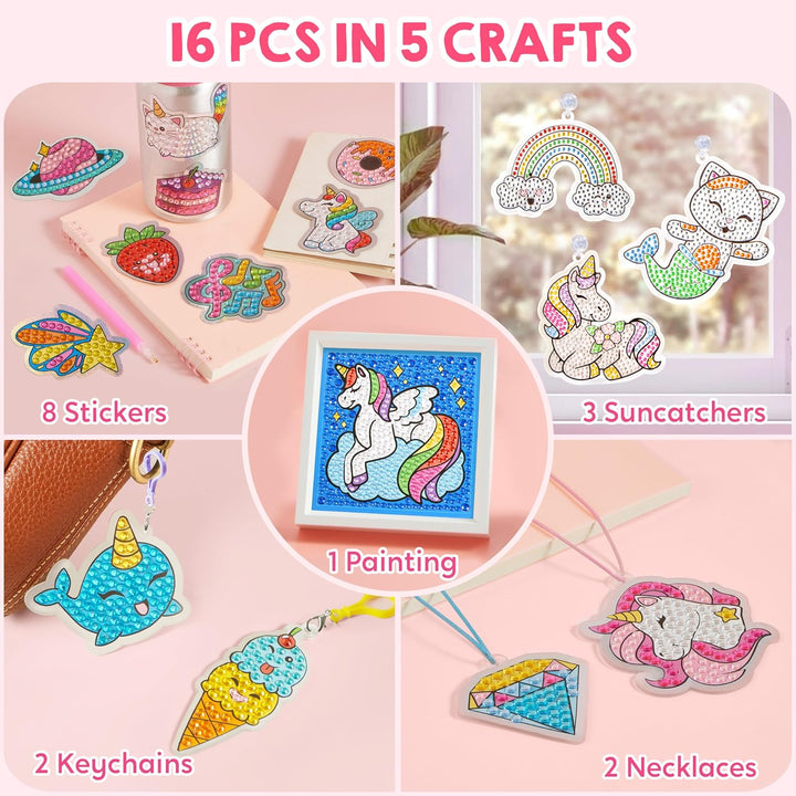 16 Projects Gem Painting, Kids Diamond Gem Painting Kit with 5D Gem, Arts and Crafts for Girls Ages 6-12, Gem Craft Activities Kits, Premium Art Gift Ideas for Girls Ages 6, 7, 8+