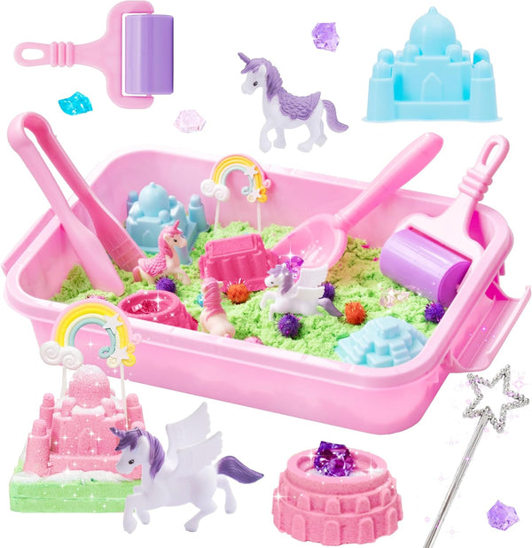 Unicorn Sensory Bin, Castle Molds, Sand Art Kit for Boys and Girls, Squishy Sand for Toddlers 3+