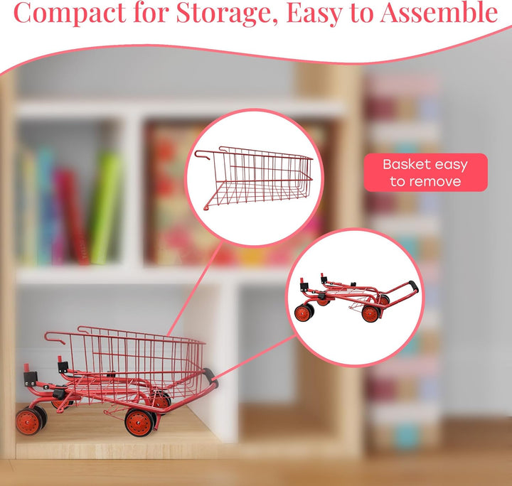 Toy Shopping Cart for Kids and Toddler - Includes Food - Folds for Easy Storage - with Sturdy Metal Frame (Red)
