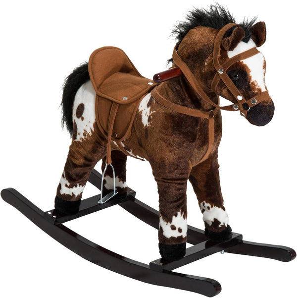 Kids Metal Plush Ride-On Rocking Horse Chair Toy with Realistic Sounds - Dark Brown/White