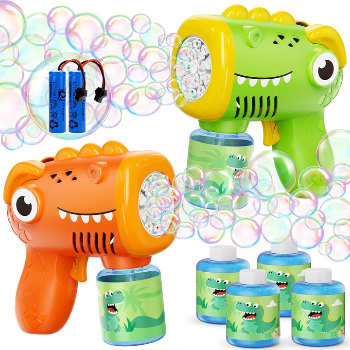 Kids Bubble Gun 2 Pack Dino Bubble Machine Gun for Toddlers with 4 Solutions Automatic 13-Hole Bubbles for Kids Blower Maker Easter Basket Essentials Stocking Stuffers Gift Party Favors for Boys Girls