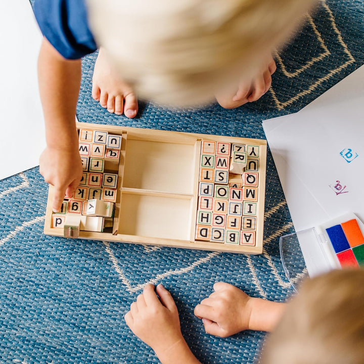 Wooden Alphabet Stamp Set - 56 Stamps with Lower-Case and Capital Letters Preschool Writing Toys, ABC Stamps, Kids Arts & Crafts, Letter for Kids Ages 4+