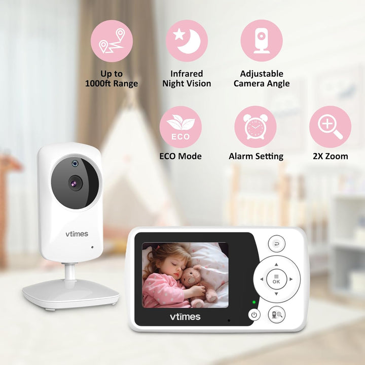 Baby Monitor with Camera and Audio, Video Baby Monitor No Wifi Night Vision 2.4" LCD Screen Portable Baby Camera Monitor Alarm Lullaby Temperature Sensor and 1000Ft, Ideal for Baby/Elderly/Pet