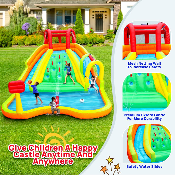 Inflatable Water Double Slides Park, Bounce House with Arched Water Gun Spray, Jumping Castle with Air Blower