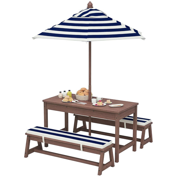 Kids Picnic Table, Outdoor Wooden Table & Bench Set with Cushions and Umbrella, Children Backyard Furniture for Patio, Garden, Navy Blue