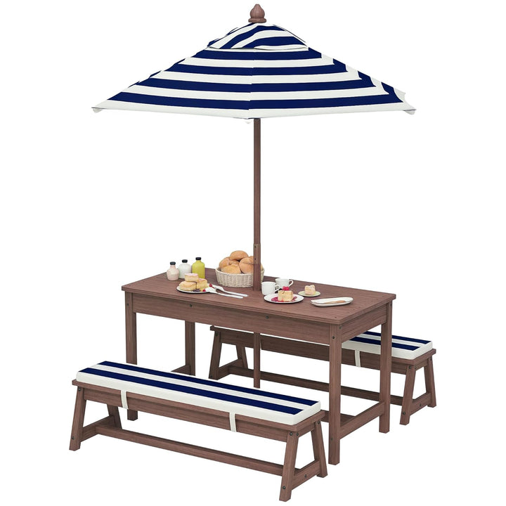 Kids Picnic Table, Outdoor Wooden Table & Bench Set with Cushions and Umbrella, Children Backyard Furniture for Patio, Garden, Navy Blue