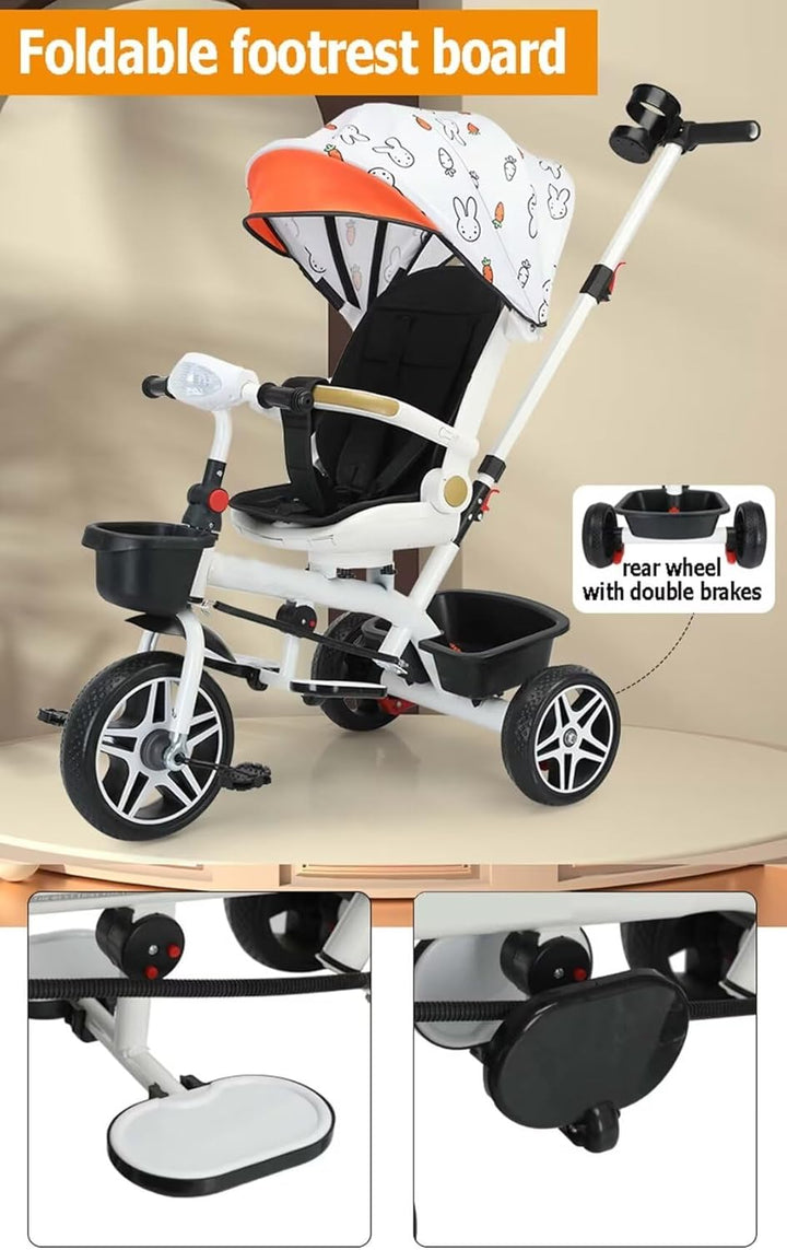 Reversible Seat Toddler Stroller Buggies,Children Stroller Pram with Canopy and Music Headlight,High Back Seat with Guardrail and Belt,Kidstricycle with Parent Handle,Double Brakes (Black with Canopy