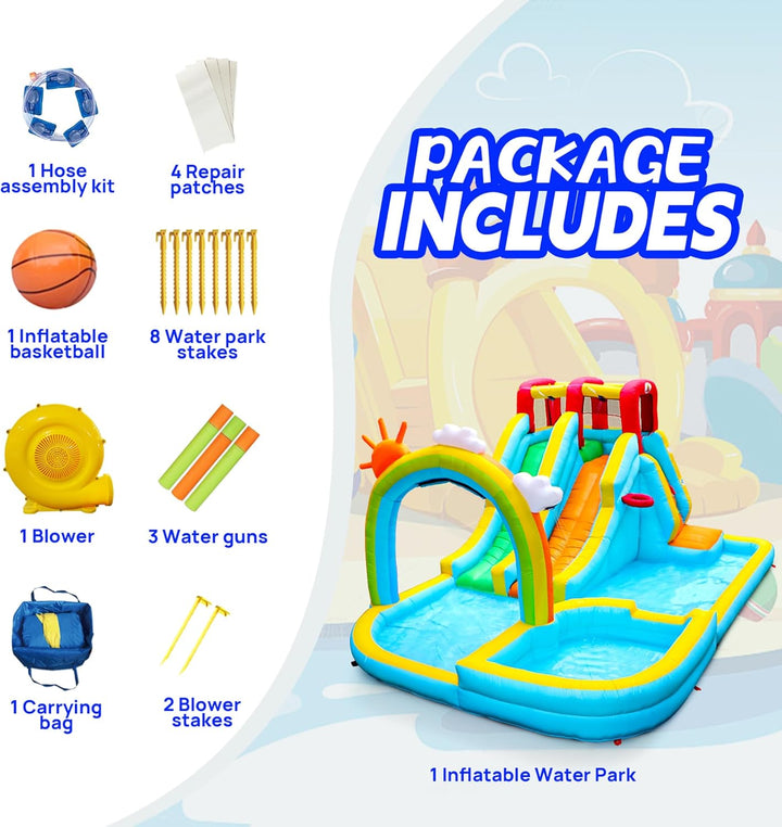 Inflatable Water Double Slides Park with Blower, Bouncy Castle with Rainbow Water Curtain, with Shooting and Rock Climbing