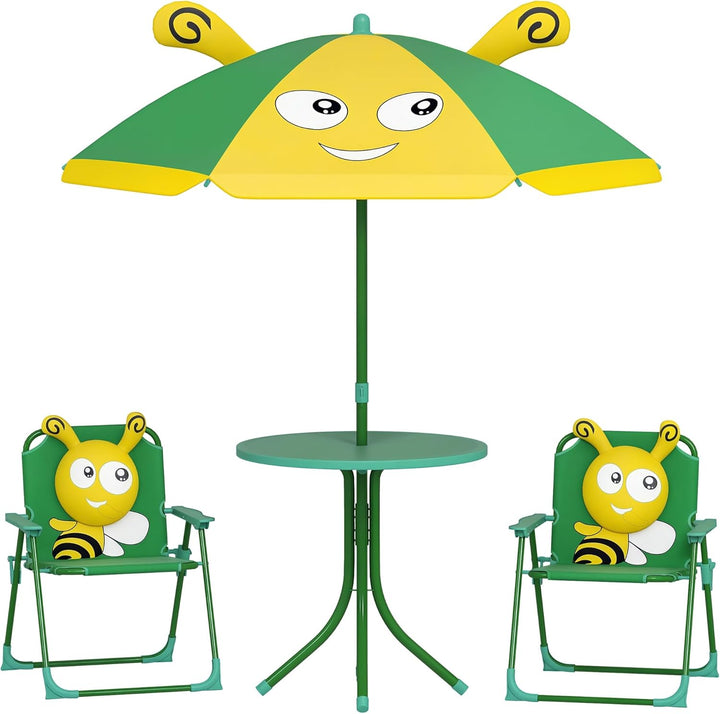 Kids Picnic Table and Chair Set, Outdoor Activity Table with Foldable Chairs, Removable Umbrella, Rainbow Pattern Toddler Patio Furniture for Backyard, Garden, Pink