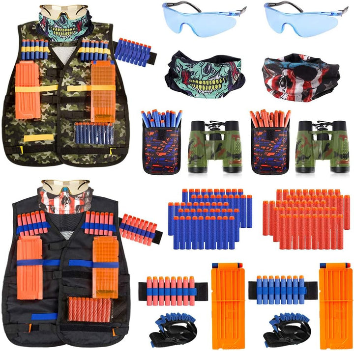 2 Pack Kids Tactical Vest Kit for Nerf Guns Game N-Strike Elite Series Wars with Refill Darts, Reload Clips, Dart Pouch, Tactical Mask, Wrist Band and Protective Glasses for Boys ,Girls