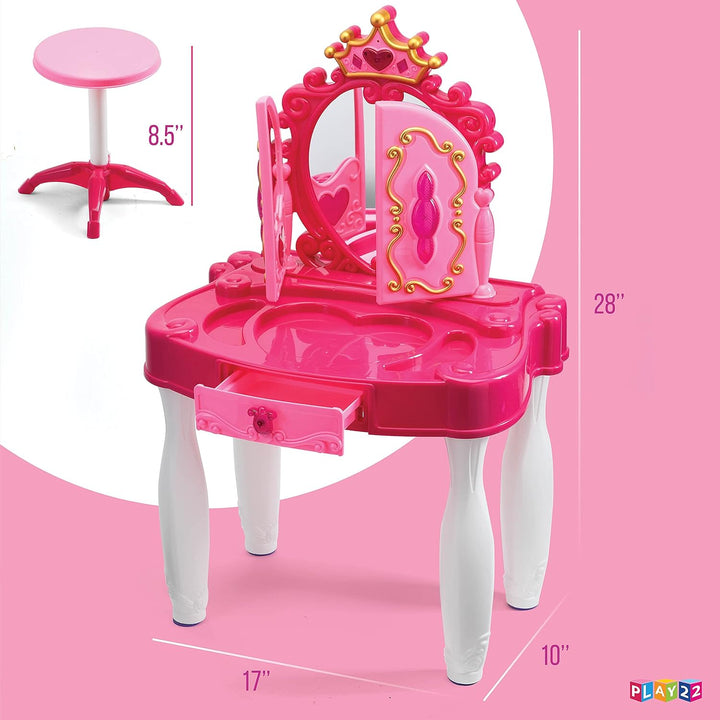 Pretend Play Girls Vanity Set with Mirror and Stool 21 PCS - Kids Makeup Vanity Table Set with Lights and Sounds - Includes Fashion Hair & Makeup Accessories