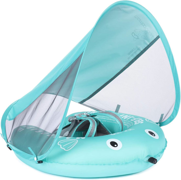 Mambobaby Float Add Tail Baby Swim Float with Canopy, Non-Inflatable Solid Baby Float, Upgrade Soft Skin-Friendly Fabric Material Infant Swim Float (Special Edition Green)
