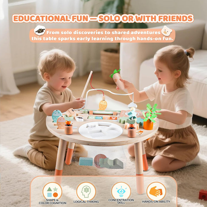 Activity Table for 1+ Year Old, 9-In-1 Montessori Wooden Sensory Play Table with Shape Sorter Fishing Game Bead Maze, Baby Activity Center Learning Toys for Toddler 12-18 Months