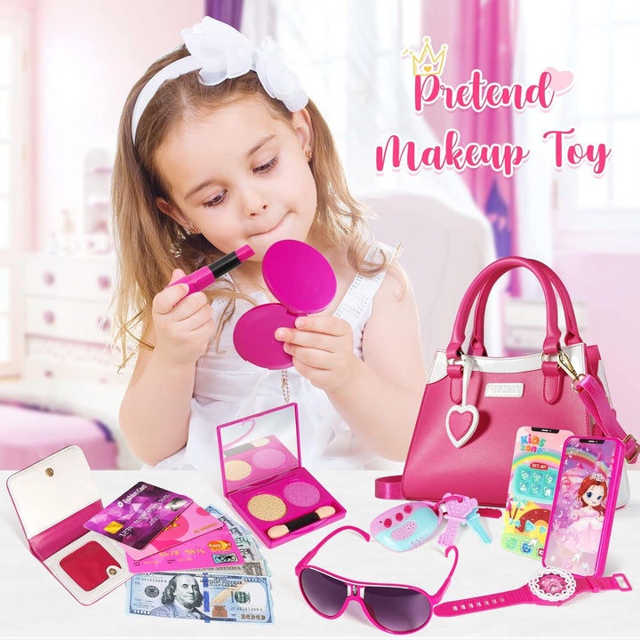 Play Purse for Little Girls, Princess Pretend Toys for Girls 3 4 5 6 7 8 Years Old, Christmas & Birthday Gift for Kids Age 3-5 4-6 6-8, Toddler Purse with Accessories, Kids Toy Purse,Pink
