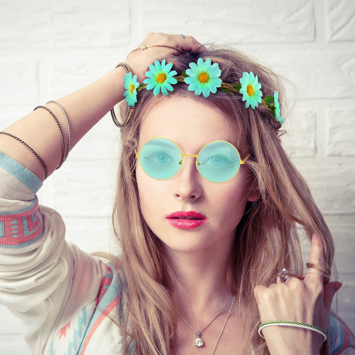 20 Pieces Hippie Headband Glasses Costume Set, Includes 10 Pieces Multicolor Daisy Flower Crown, 10 Pieces round Hippie Sunglasses for Festival