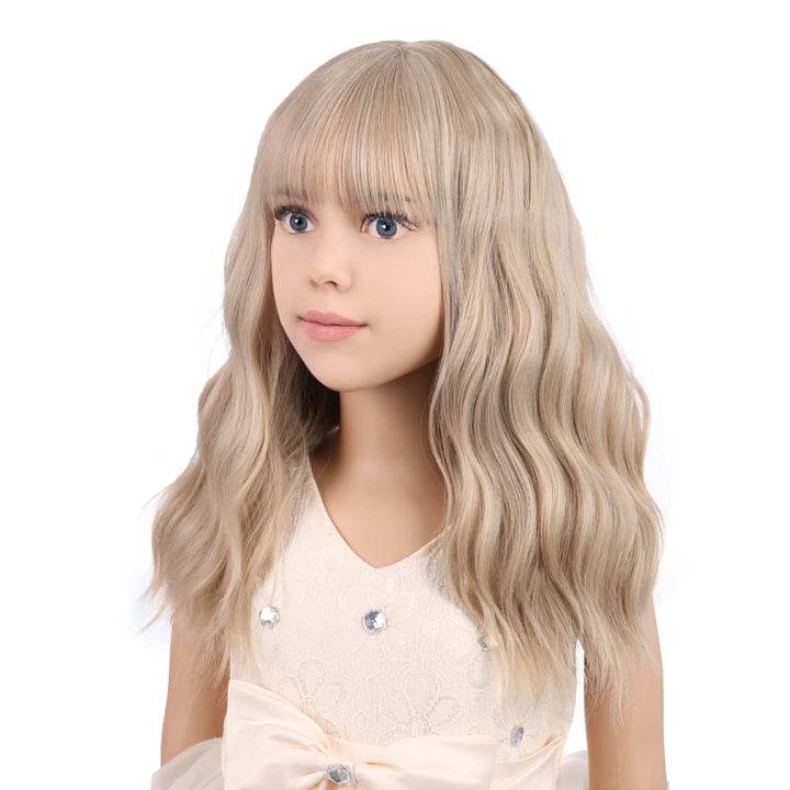 Blonde Wig Kids Child Short Wavy Wig with Bangs Flaxen Blonde Wigs Synthetic Girls Cosplay Halloween Party Costume Wigs (Flaxen Blonde)