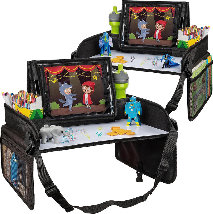 Car Seat Tray for Kids Travel - Black 600D Oxford Lap Desk Organizer with Dry-Erase Surface, Tablet Stand, Snack Holder & Cup Holder - Travel Tray for Kids Car Seat