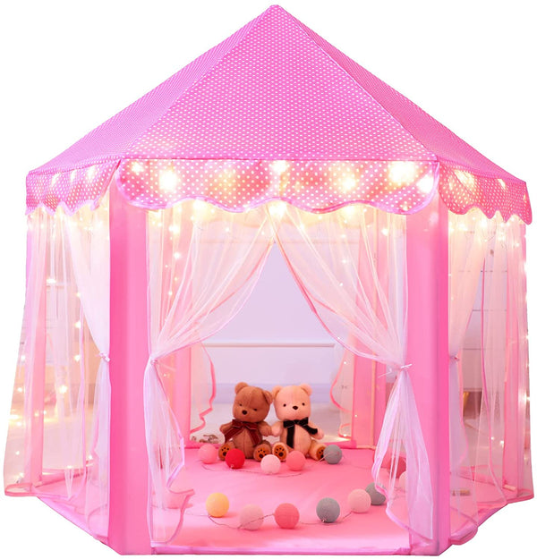 Princess Castle Tent for Girls Fairy Play Tents for Kids Hexagon Playhouse with Fairy Star Lights Toys for Children or Toddlers Indoor or Outdoor Games (Pink)