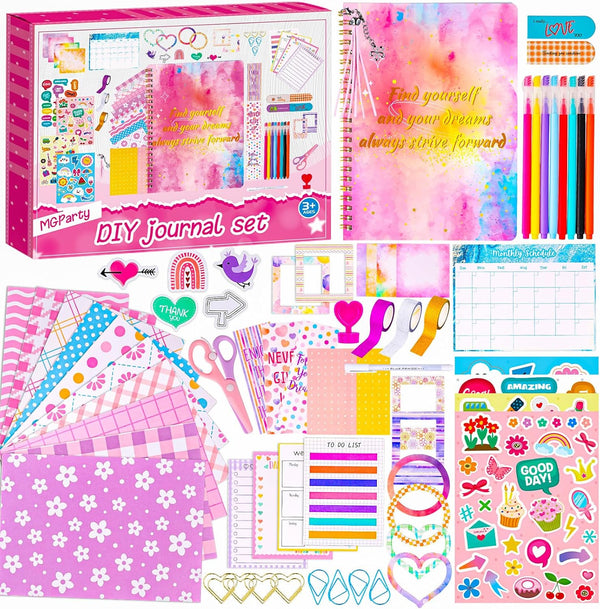 Birthday Gift for Girls Ages 7-13, DIY Journal Kit with Cute Stickers, Scrapbook Supplies, Stationery Set, Cool Arts and Crafts Gifts for 7 8 9 10 11 12 Years Old