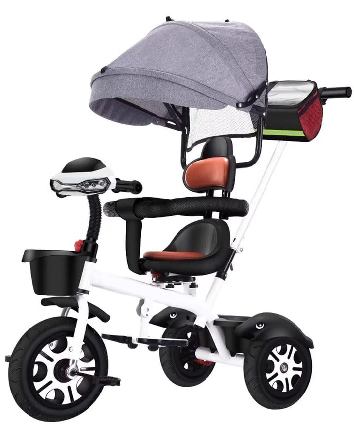 Reversible Seat Toddler Stroller Buggies, Children Pram with Canopy, High Back Guardrail and Belt, Parent Steering Tricycle Handle(White Red,No Headlight)