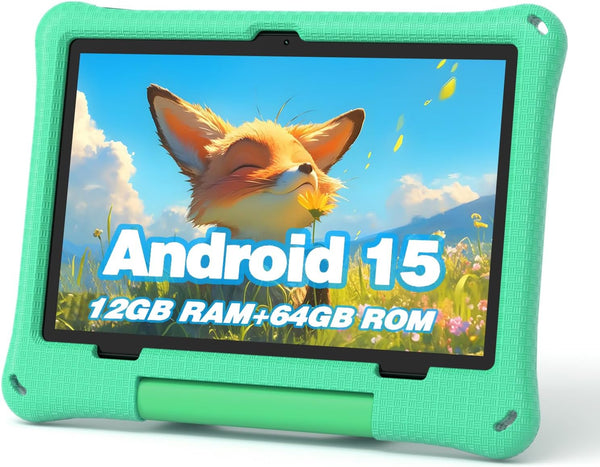 Kids Tablet, 10.1 Inch Android 15 Tablet for Kids, 12GB+64GB, Octa-Core, 6000Mah Battery, Wifi 6, Pre-Installed Kids Apps, Parental Control, with EVA Protective Case – Ideal Gift for Toddler (Green)