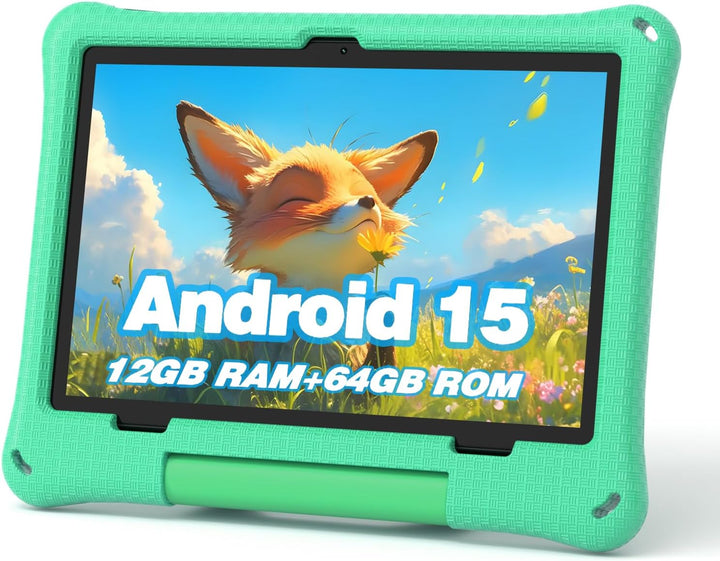 Kids Tablet, 10.1 Inch Android 15 Tablet for Kids, 12GB+64GB, Octa-Core, 6000Mah Battery, Wifi 6, Pre-Installed Kids Apps, Parental Control, with EVA Protective Case – Ideal Gift for Toddler (Green)