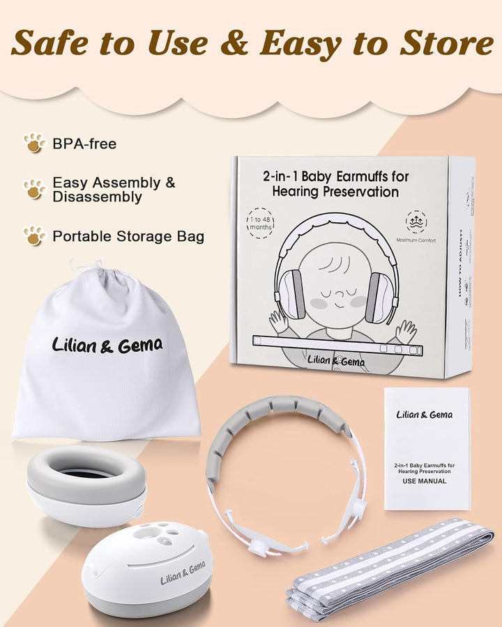2-In-1 Baby Ear Muffs Noise Protection, Adjustable Headphones with Stretchy Band, Noise Cancelling for Toddler up to 4 Years, Airplane Essentials/Outdoor, White
