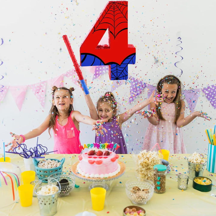 16 Inch Number 4 Spider Pinata with 16 Inch Piñata Stick Blindfold Confetti for Boy Girl Kids 4Th Birthday Party Decorations (4Th)