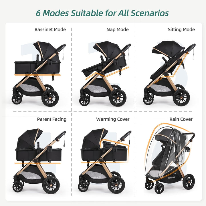 6-In-1 Convertible Baby Stroller with Bassinet Pushchair - Folding Infant Newborn Stroller W/Footmuff, Rain Cover, Cup Holder & Large Storage, Toddler W/All-Scene Large Wheels, Reversible Seat(Black)