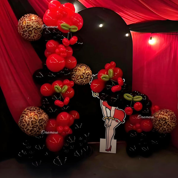 Red and Black Balloons Arch Kit 135Pcs Cherry Birthday Decorations, 4Pcs Foil Cheetah Print Balloons for Baby Shower, Bachelorette Party Decorations