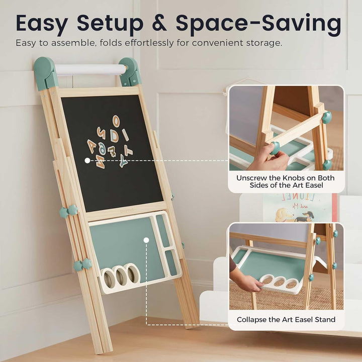 Easel for Kids, Double-Sided Magnetic Easel with Drawing Accessories, Adjustable Wooden Kids Art Easel with Paper Roll, Learning-Toy for 3,4,5,6,7,8 Years Old Boy & Girls Green