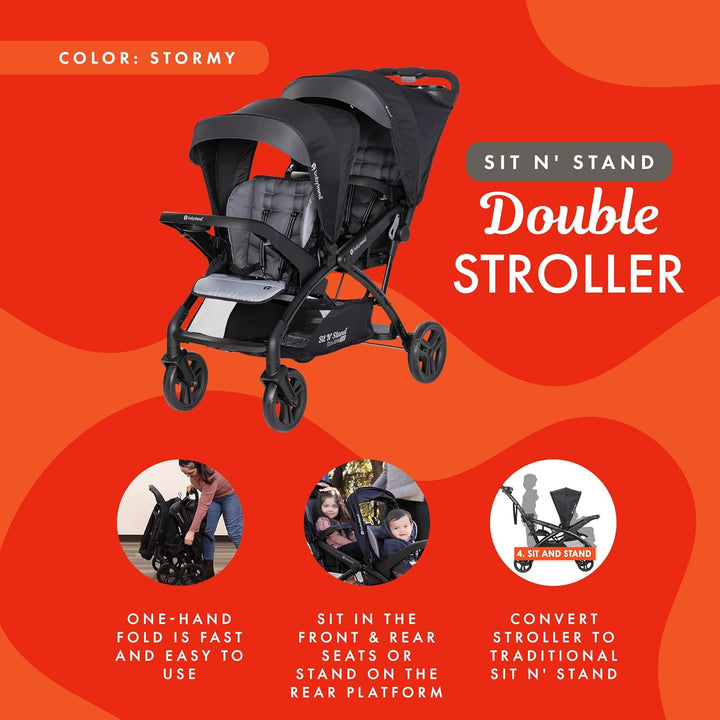Sit N' Stand Double Stroller & Travel System for Babies & Toddlers, Stormy - Portable, Compact, and Lightweight Foldable Tandem Stroller